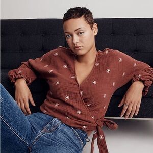 Madewell Maroon Wrap Blouse with Pink Flowers size XS